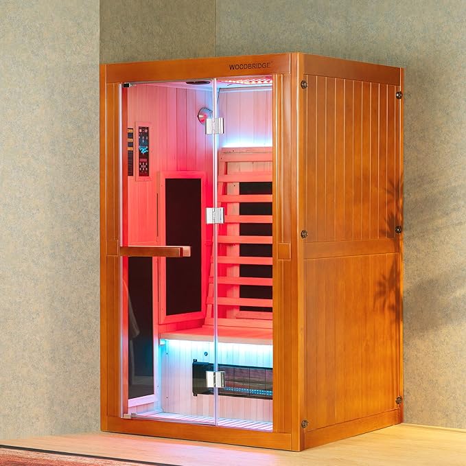 Woodbridge Infrared Home Sauna Room 2 Person Japanese Cedar Indoor Sauna with 7 Carbon Heaters, Red Light Therapy, Bluetooth Speaker, Intelligent Control Panel, Tempered Glass & Top Vent WOODBRIDGE
