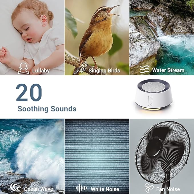 BGOVERSS White Noise Sound Machine with 20 Soothing Sounds, 10 Colors Night Light Sleep Machines Home Office Travel, 5 Timers and Memory Feature Sound Machine for Nursery Baby Kids Adults (White) - Bloomnest