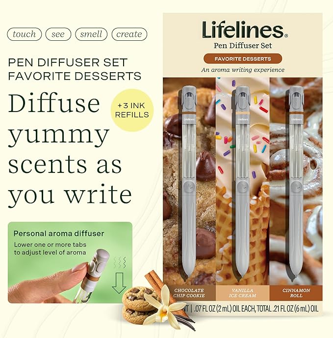 Lifelines Pen Diffuser Set, Favorite Desserts 3-Pack - 1mm Black Ballpoint Pens with Scented Essential Oil Blends – Aromatherapy Diffuser & Sensory Immersion Diffuse Aroma As You Write - Bloomnest