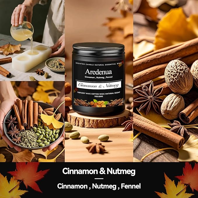 Cinnamon & Nutmeg Candle - Fall Candle | Autumn Scented Candles for Home, 7oz Autumn Soy Candles with 50hr Burn Time, Holiday Thanksgiving Fall Gifts for Women Men - Bloomnest
