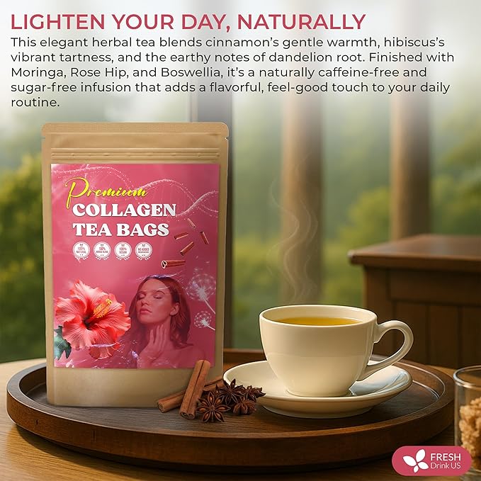 FreshDrinkUS, Premium Collagen Herbal Tea – 30 Tea Bags | Cinnamon Stick, Hibiscus, Dandelion Root, Moringa Leaves, Rose Hip, Ginger, Fennel Seed, Boswellia | Caffeine-Free, Natural Flavorful Blend - Bloomnest