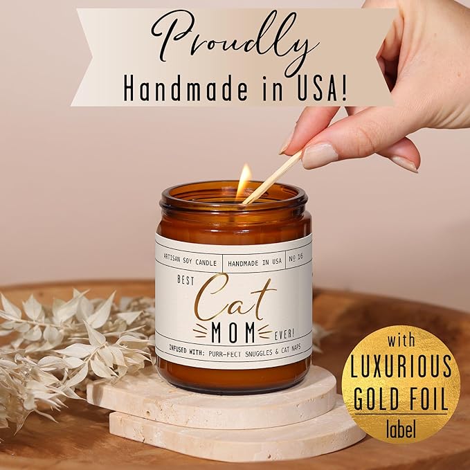 Cat Mom Gifts, Cat Gifts for Women Unique, Cat Lover Gifts for Women - 'Best Cat Mom Ever' Candle, w/Vanilla, Coconut & Vetiver I Cat Decor Themed I Cat Gifts for Cat Lovers I 50Hr Burn, USA Made - Bloomnest