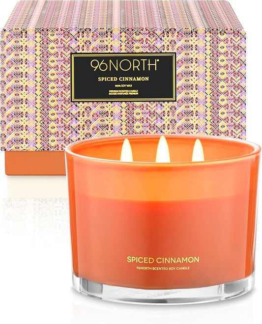 96NORTH Luxury Spiced Cinnamon Candle | Large 3 Wick Jar Candle | Up to 50 Hours Burning Time | 100% Natural Soy Wax | Relaxing Aromatherapy Aesthetic Candles | Housewarming Gift for Men and Women - Bloomnest
