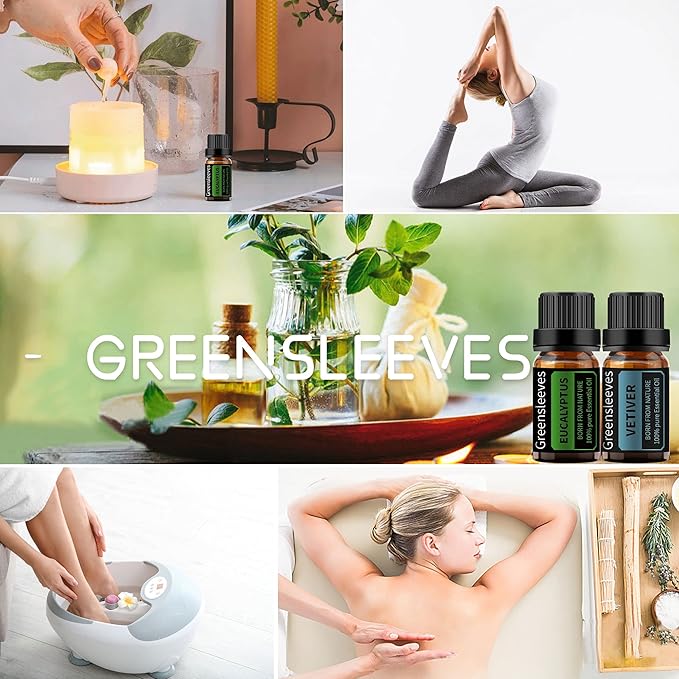 GREENSLEEVES Vetiver Eucalyptus Essential Oil Set, 2 x 10ml Pure Plant-Based Fragrance Oil for Aromatherapy, Essential Oils for Diffuser, Massage, Bath Bomb, Scented Candle Soap Making GREENSLEEVES