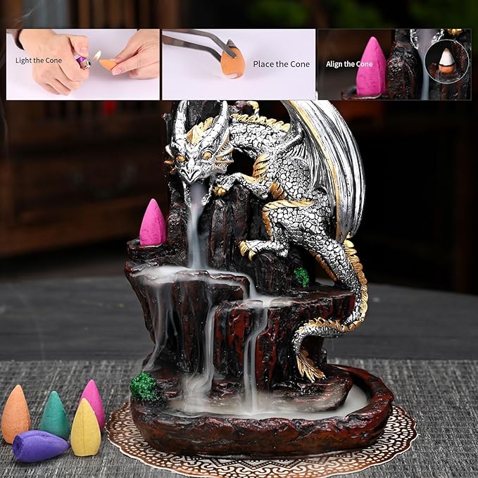 Dragon Backflow 2 Sided Mountain Waterfall Incense Burner,Fountain Smoke Incense Holder with Backflow Incense Cones, Tweezers, Mat，Resin Aromatherapy Meditationvaiuk (Silver) - Bloomnest