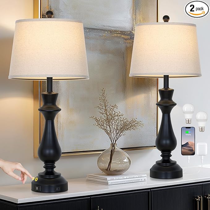 Modern Black Table Lamps Set of 2 for Living Room,30" Tall Bedside Lamp with USB Charging Port,3-Way Dimmable Touch Nightstand Lamp for Bedroom Desk Side Table Office,Black - Bloomnest