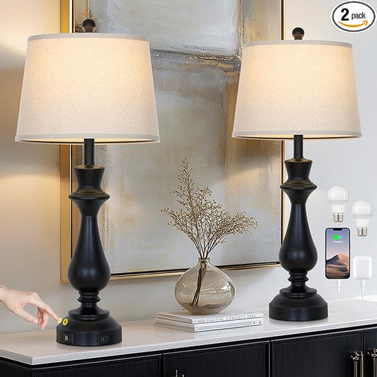 Modern Black Table Lamps Set of 2 for Living Room,30" Tall Bedside Lamp with USB Charging Port,3-Way Dimmable Touch Nightstand Lamp for Bedroom Desk Side Table Office,Black - Bloomnest