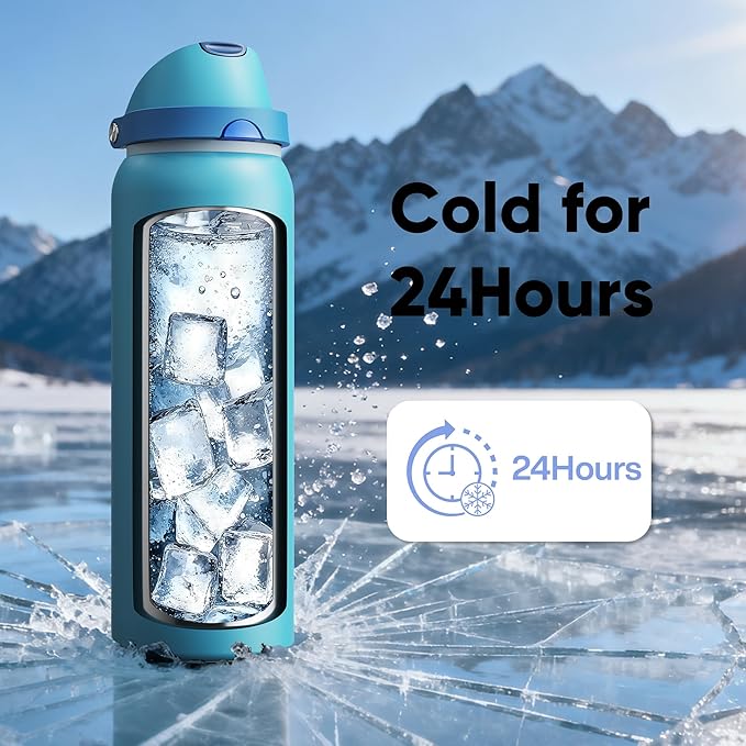 Insulated Water Bottle with Straw - Encool Stainless Steel Water Bottle with Push Button Lid, Leak-Proof & BPA-Free, Keeps Cold for 24 Hours for Sports, Travel, Gym (40 oz, Silk Blue) ENCOOL