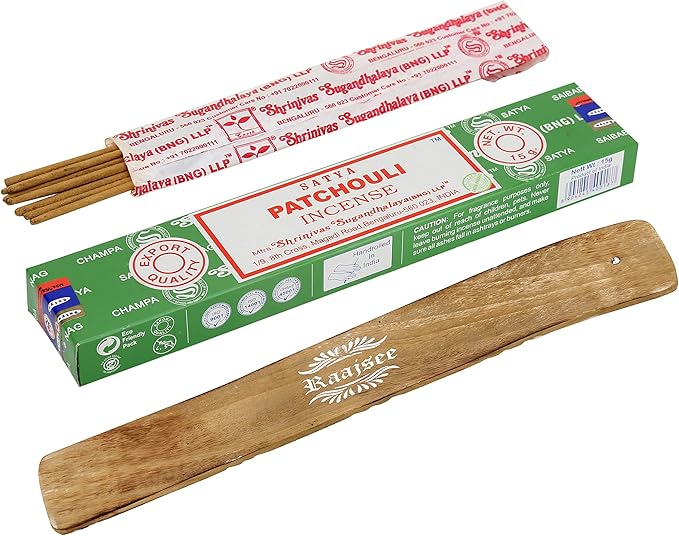 Satya Patchouli Incense Sticks, Satya Bng (Bangalore) Insenses 15gmx3 Pack (45 GMS) with Raajsee Incense Holder Bundle, Satya Nagchampa Natural Incense - Bloomnest