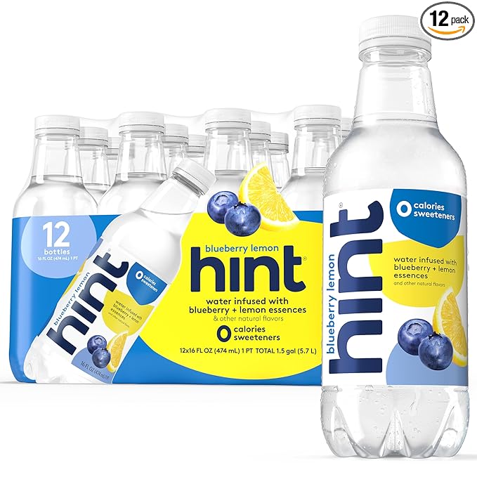 Hint Fruit-Infused Bottled Water, Blueberry Lemon - Sugar Free Flavored Water with Zero Calories, Natural Fruit Essences, and No Artificial Sweeteners - 16 Fl Oz (Pack of 12) - Bloomnest