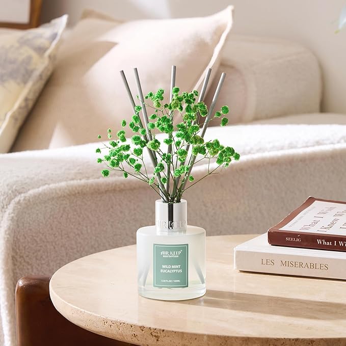 Airkeep Reed Diffuser Set,3.38 fl oz (100 ml) - Wild Mint&Eucalyptus Oil Diffusers with 8 Reed Sticks, Home Fragrance Reed Diffuser for Bathroom Shelf Decor - Bloomnest