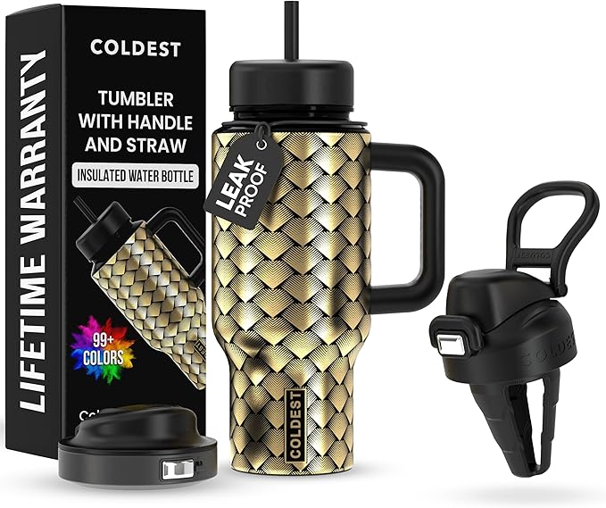 Coldest Tumbler with Handle & Coffee Lid - 100% Spill Proof Tumbler (3 Lids) - Stainless Steel Insulated Leakproof Tumblers for Women & Men - Cup Holder Friendly - 24 oz (Gold Dragon) - Bloomnest