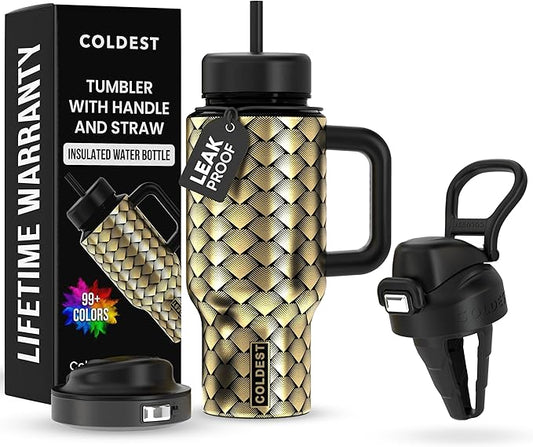 Coldest Tumbler with Handle & Coffee Lid - 100% Spill Proof Tumbler (3 Lids) - Stainless Steel Insulated Leakproof Tumblers for Women & Men - Cup Holder Friendly - 24 oz (Gold Dragon) - Bloomnest