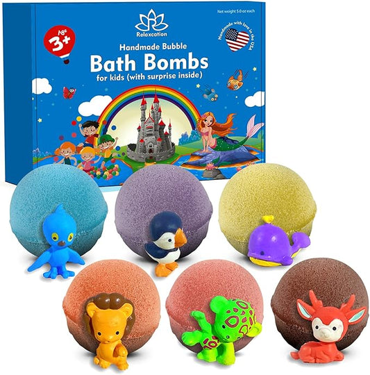 Bath Bombs for Kids Set with Toys Surprise Inside Cute Funny Animals - Organic & Natural Bath Bombs for Boys and Girls - Kid Safe Bubble - Handmade in USA - Bloomnest