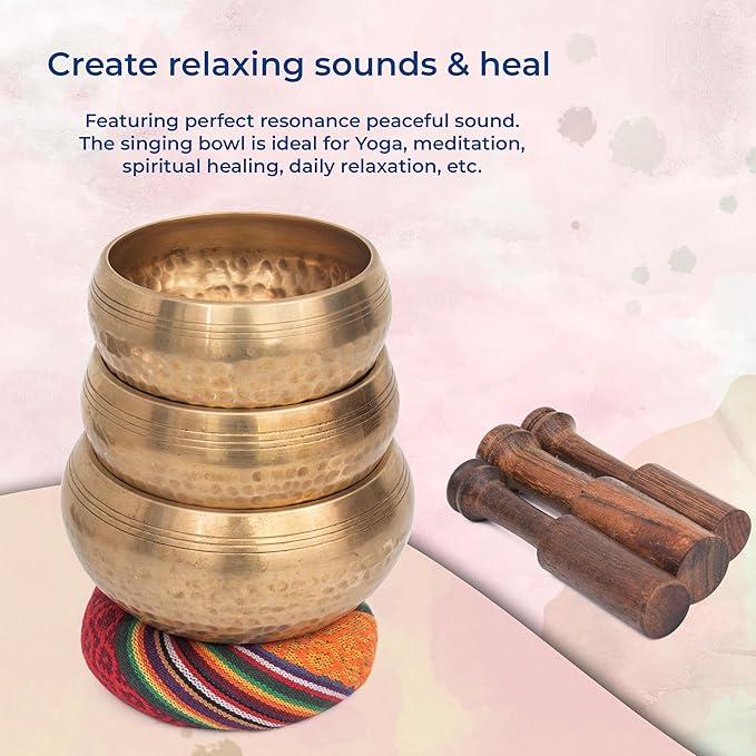 Tibetan Singing Bowl Set - Authentic Cuencos Tibetanos for Sound Healing, Meditation & Chakra Balancing - Includes Cushion, Mallet-Unique Spiritual Gifts for Men and Women (3 Chakra Set) LNYSI