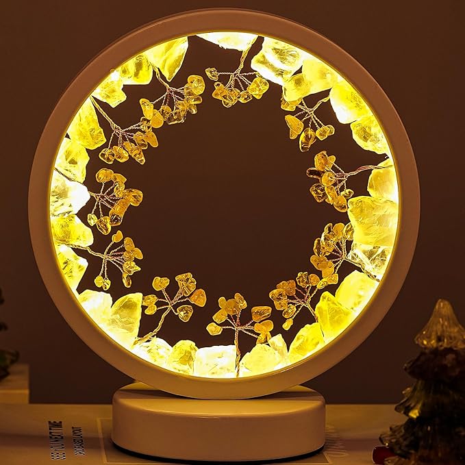 Runyangshi Natural Crystal Citrine Small Tree Round White Frame Tri-Color Ambient Light Home Decoration Night Light Healing Decor Gift - Bloomnest