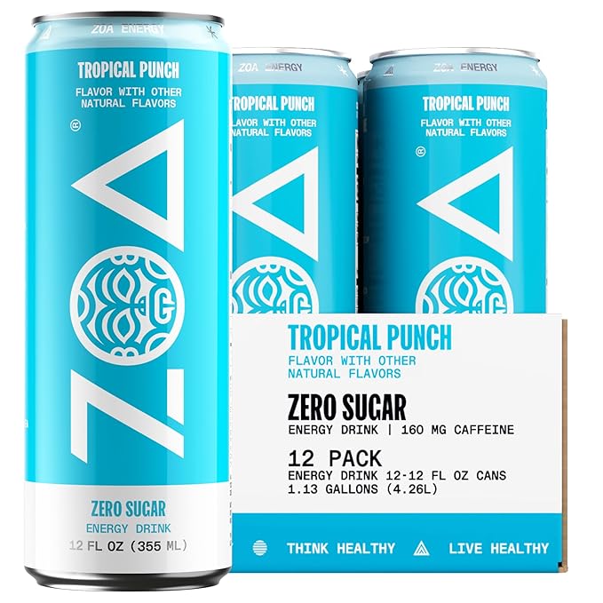 ZOA Zero Sugar Energy Drinks, Tropical Punch - Sugar Free with Electrolytes, Healthy Vitamin C, Amino Acids, Essential B-Vitamins, and Caffeine from Green Tea - 12 Fl Oz (12-Pack) - Bloomnest