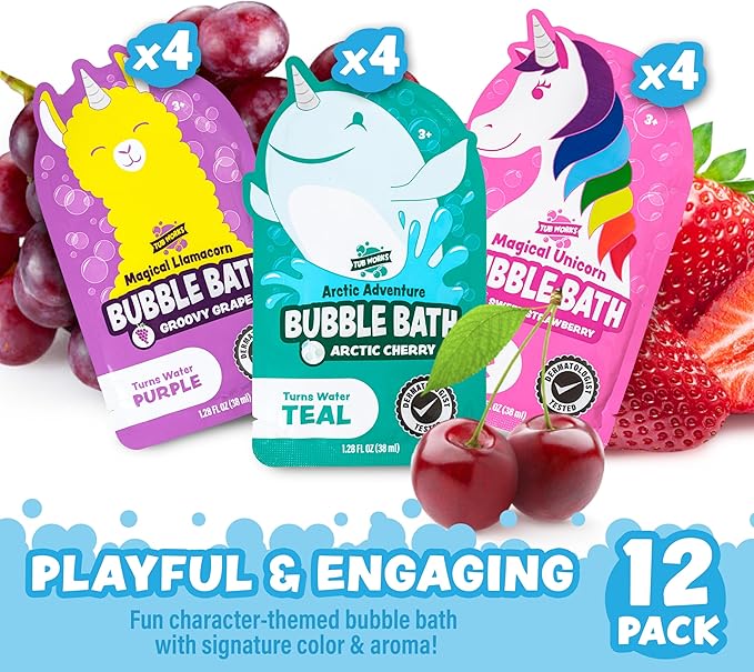 Tub Works® Magical Kids Bubble Bath, Variety 12 Pack | Creates Colorful Water & Tons of Foam Bath Bubbles | Nontoxic | Character-Themed Bubble Bath for Kids | Pink, Purple & Teal Bath Colors - Bloomnest