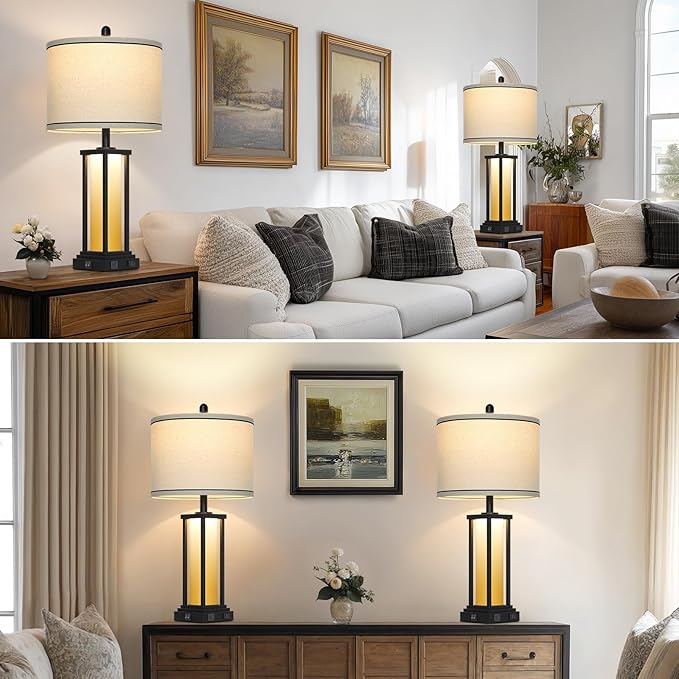 27" Tall Vintage Table Lamp Set of 2 with USB C+A & Outlet,Farmhouse Nightstand Lamp for Living Room,Rustic Retro Bedside Lamps with Red-Orange Glass Night Light for Bedroom Entryway,Black-2 - Bloomnest