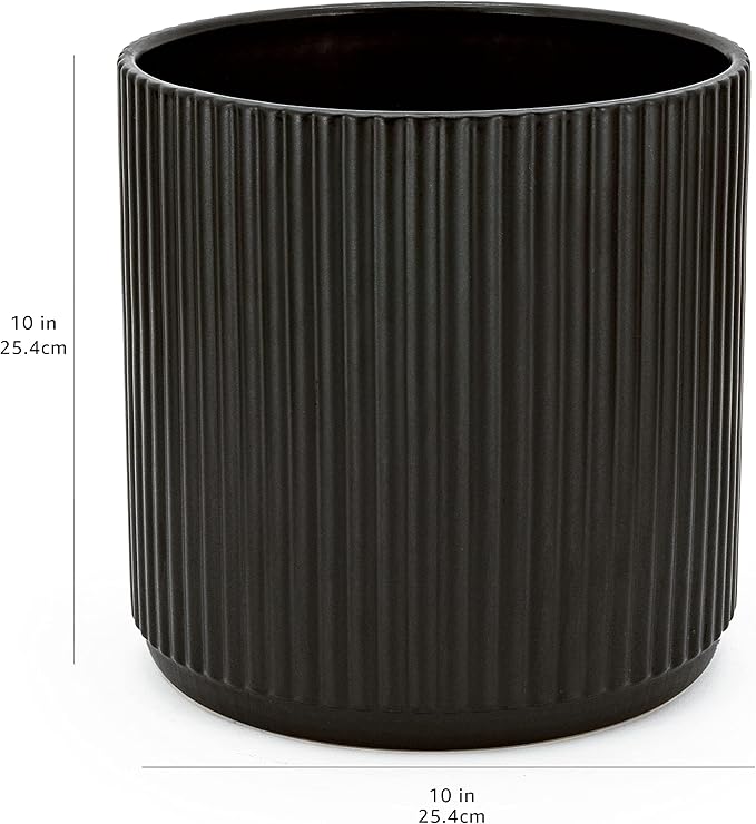 Amazon Basics Fluted Ceramic Round Planter, 10-inch, Black - Bloomnest