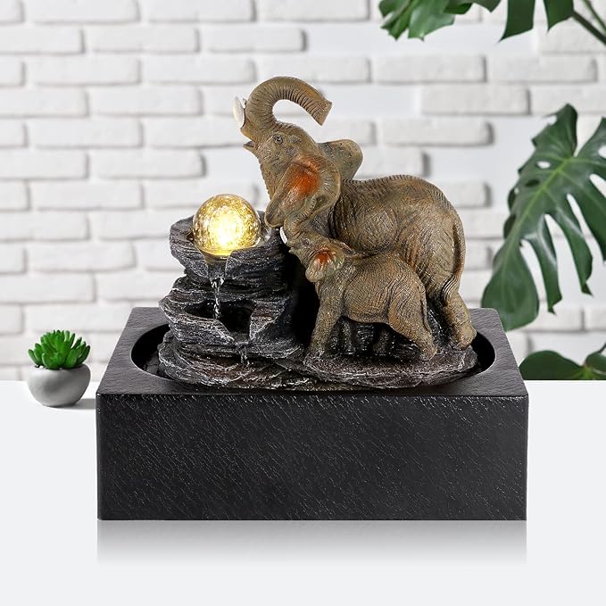 WICHEMI Water Fountains Indoor Waterfall Fountain Tabletop Fountain Water Feature Indoor Zen Garden Elephant Fountain with LED Warm Light for Home and Office Indoor Spaces Decor