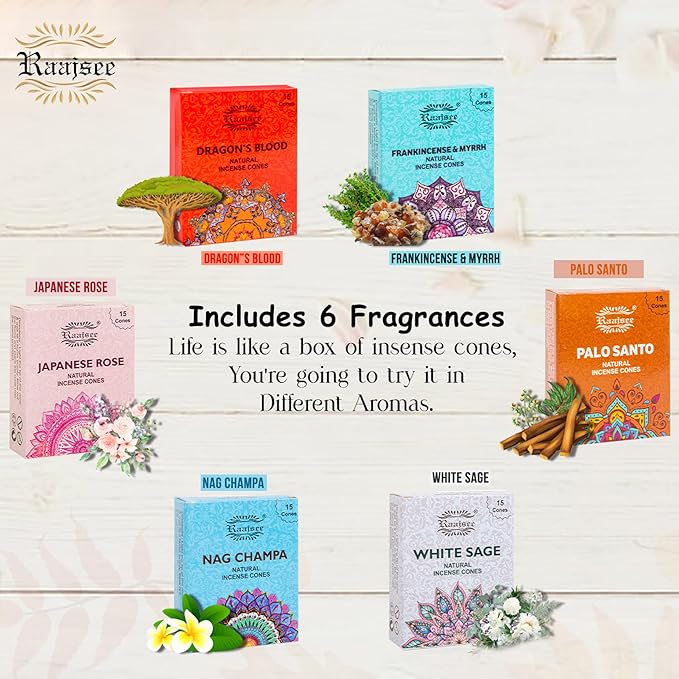 Raajsee Natural Incense Cones,6 Pack Mixed Scents Gift Pack 15 pc Each (90 Total), Insense Cones Variety Pack, 100% Organic Non Toxic Natural - Hand Rolled Free from Chemicals (Pack 2) RAAJSEE
