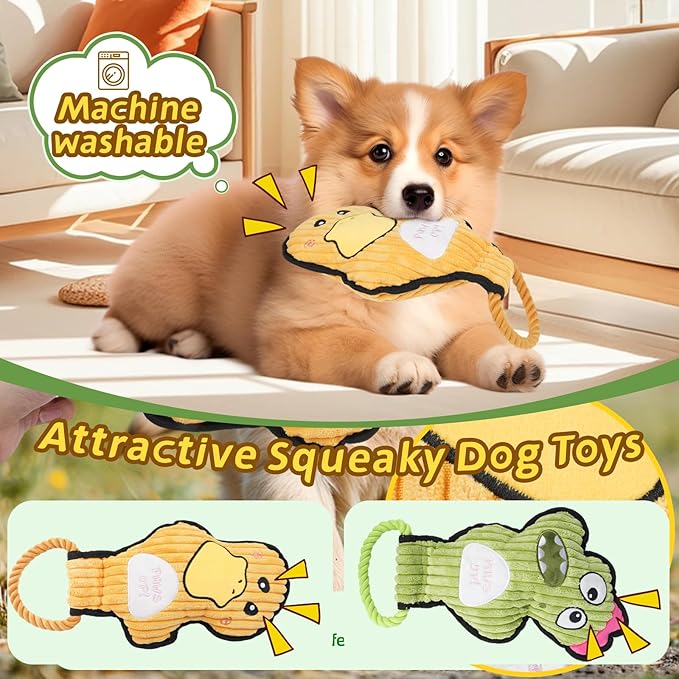 2-Pack Squeaky Dog Toys & Tough Tug of War Set - No Stuffing Chew-Resistant Plush Toys to Keep Them Busy, Best Birthday Gift for Small/Medium/Large Breeds (Ducks & Dino) - Bloomnest
