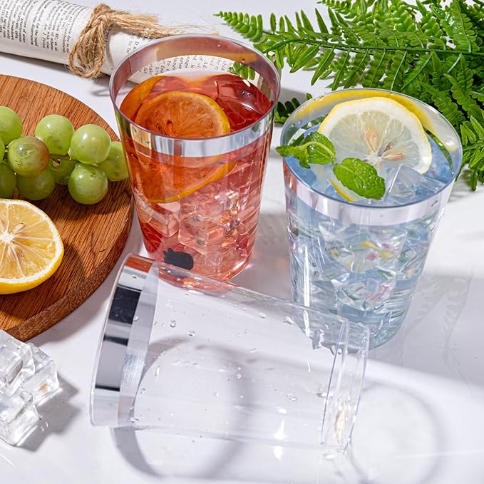 I00000 200 Pack 12 oz Silver Plastic Cups, Silver Rimmed Disposable Cups, Plastic Party Wine Glasses Cocktail Glasses Heavy Duty Cups with Silver Rim, 12 Ounce Tumblers For Party - Bloomnest