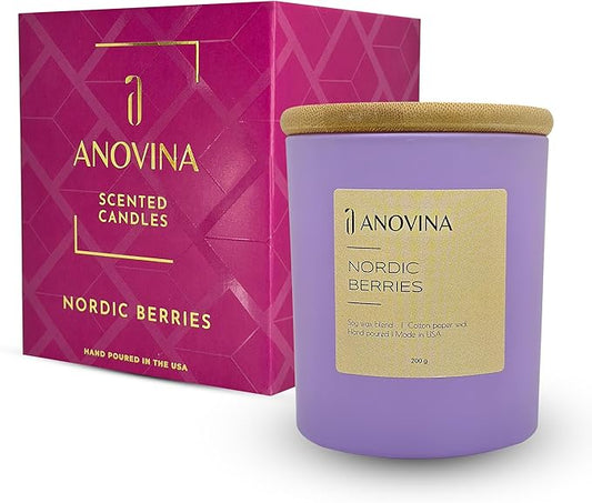 Anovina Nordic Berries Luxury Scented Candles | Exotic Nordic-Inspired Lingonberry, Rose & Musk Soy Blend Jar Candle | Hand Poured in USA | Highly Scented & Long Lasting - Bloomnest