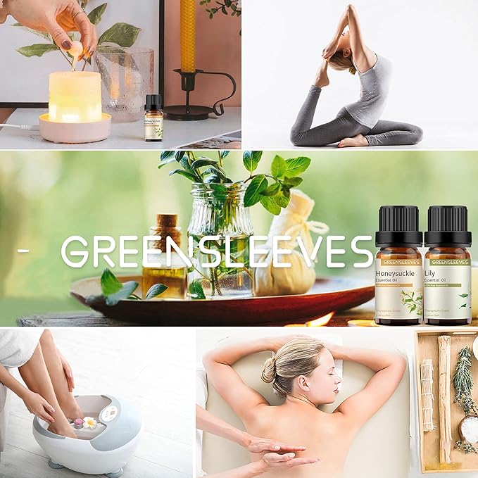 GREENSLEEVES Honeysuckle Lily Essential Oil Set, 2 x 10ml Pure Plant-Based Fragrance Oil for Aromatherapy, Essential Oils for Diffuser, Massage, Bath Bomb, Scented Candle Soap Making GREENSLEEVES