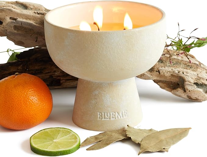 BLUEME Nostalgia - Bergamot & Musk, Luxury Candle w/Essential Oils, 3 Wick, Hand-Poured Soy, Cotton Wick, Ceramic - Bloomnest