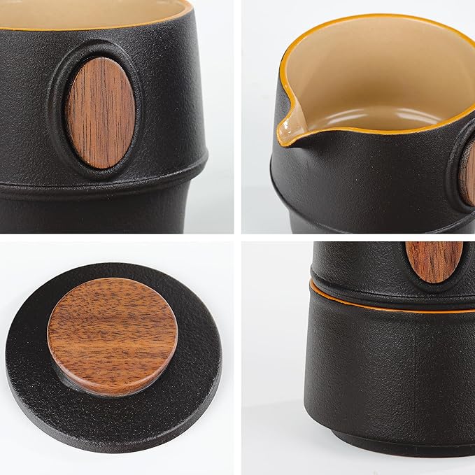 fanquare Travel Ceramic Tea Set, Chinese Gongfu Teapot with Infuser, 2 Small Cups 1 Master Cup and Portable Bag for Outdoor Use Convenient Tea Service, Black