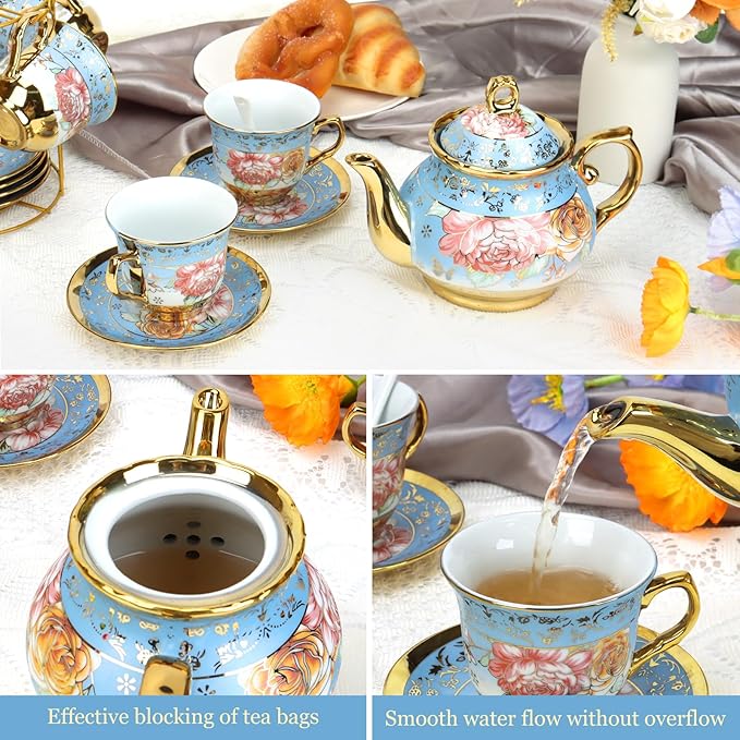 20 Pcs Porcelain Tea Set with Metal Holder, Adult Tea Set Gift, European Ceramic Tea Set for Adults, Flower Tea Cup Saucer Set for Party With Gold Flower Painting (Serene Blue) - Bloomnest