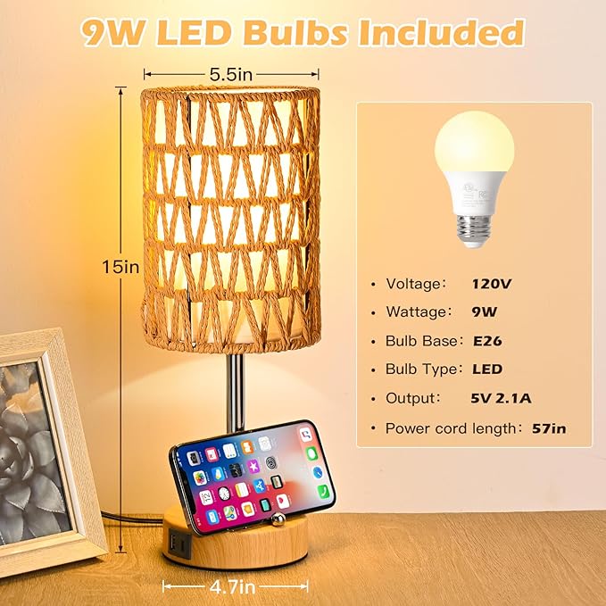 Rattan Table Lamps for Living Room, 3 Way Dimmable Touch Lamps, Small Bedside Lamps with LED Bulbs, Phone Stand, USB Ports and AC Outlet, Boho Nightstand Lamp for Bedroom Office (2 Pack Faux Wood) - Bloomnest