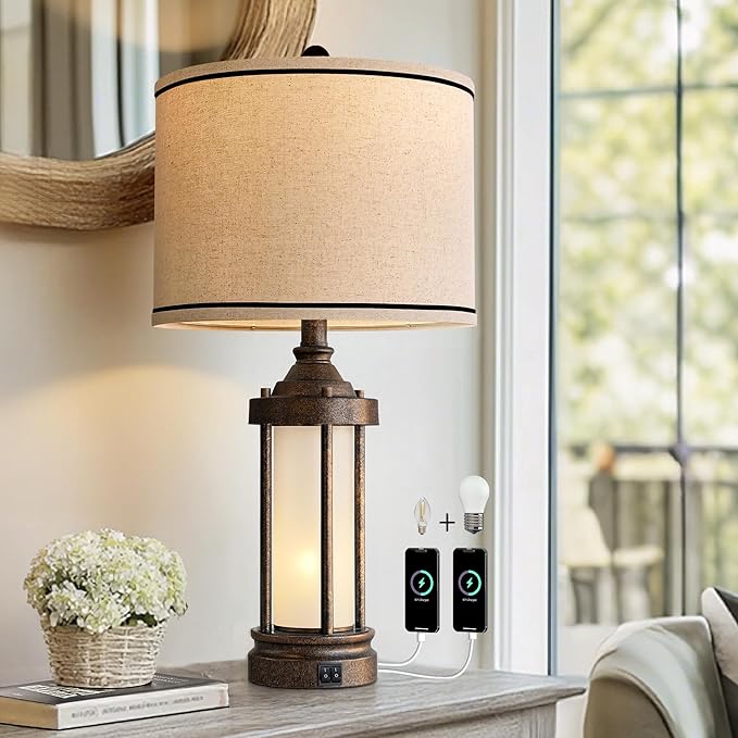 25'' Table Lamp for Living Room Bedroom Farmhouse Metal Lamps with 2 USB Ports, Built-in Frosted Glass Night Light Vintage Industrial Nightstand Bedside End Lamp, 2 Bulbs Included, Bronze - Bloomnest