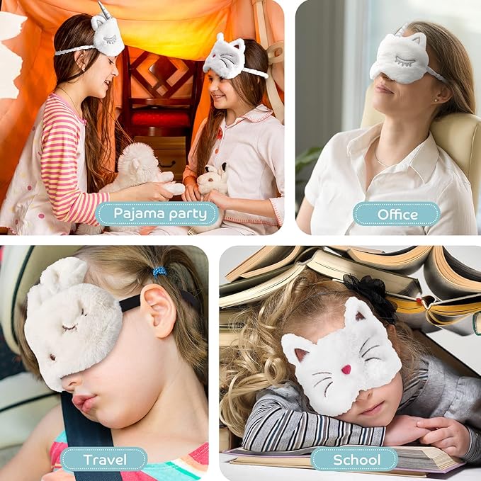 3 Pieces Sleep Mask for Kids, Girls Plush Sleeping Eye Cover Soft Eye Blindfold Cover Animal Shade for Kids(White,Bunny, Cat and Unicorn Style) - Bloomnest