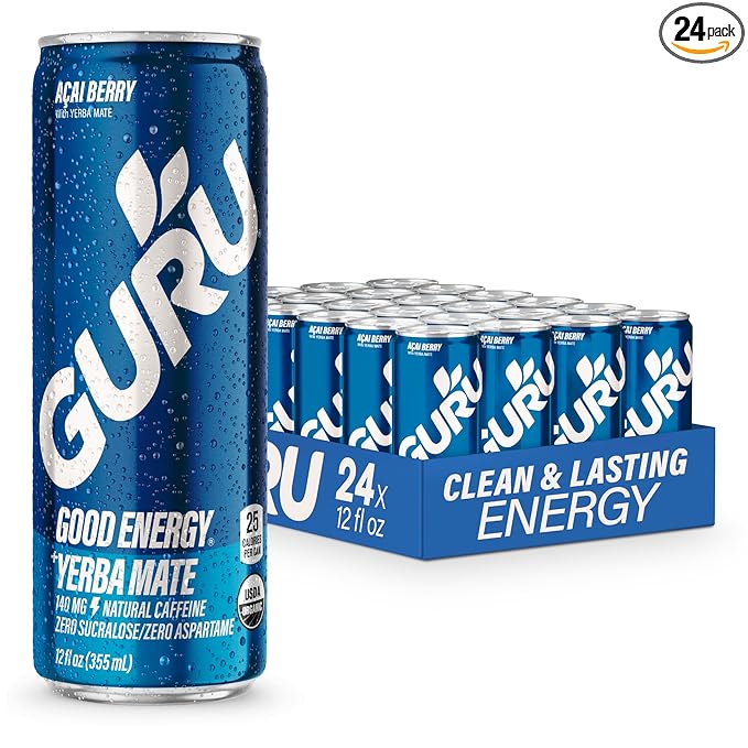 GURU Yerba Mate Organic Energy Drinks, Clean Energy Drink with Plant Based Natural Caffeine from Green Tea, Low Calorie, Gluten Free, 140mg Caffeine, Healthy Drinks, Acai Berry, 12oz (Pack of 24) - Bloomnest