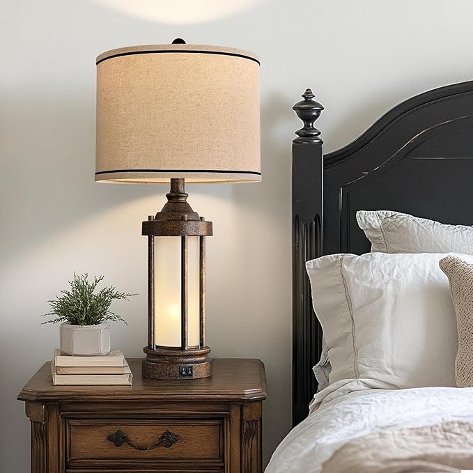 25'' Table Lamps Set of 2 for Living Room Bedroom Farmhouse Metal Lamps with 2 USB Ports, Built-In Frosted Glass Night Light Vintage Industrial Nightstand Bedside Lamp, 4 Bulbs Included, Bronze - Bloomnest