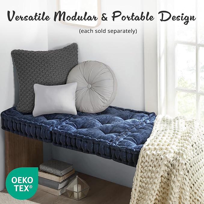 Intelligent Design Azza Floor Pillow, Large Cushions Sitting for Adults, Floor Pillow for Meditation or Yoga, Lustrous Chenille Tufted with Scalloped Edges for Bench/Chair Cushion, 20"x20"x5" Navy