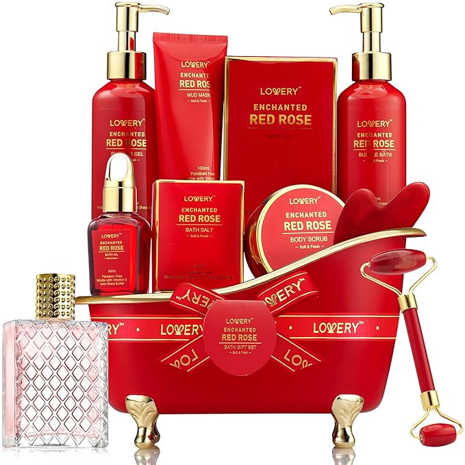 Valentines Day Gifts for Her, Red Rose Valentine Spa Gifts for Women, Bath and Body Gift Set, Pampering Gift Basket, Birthday Gifts for Mom with Perfume, Jade Roller, Quartz Gua Sha Stone & More - Bloomnest