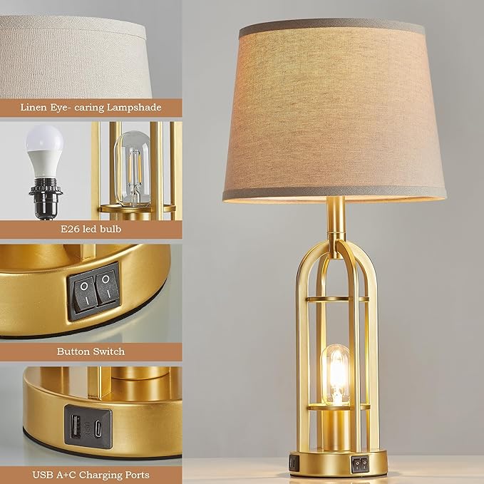 Gold Table Lamps for Living Room Set of 2 - Modern Farmhouse Bedside Lamps for Bedroom Night Stands with Nightlight and USB A+C, Industrial Lamp for Living Room End Tables - Bloomnest