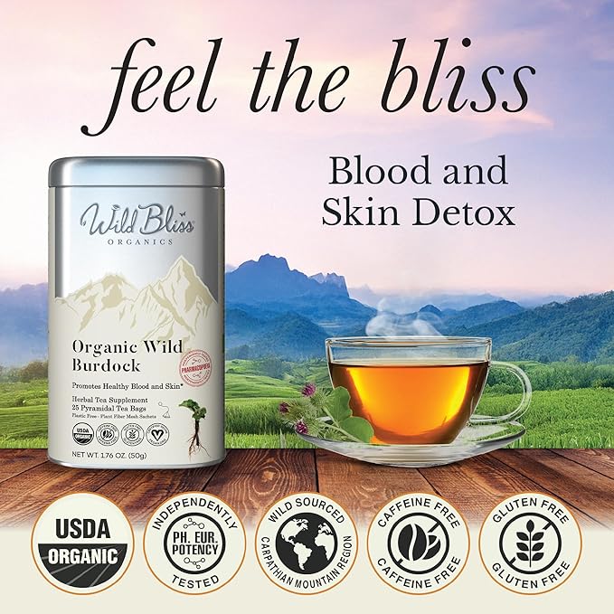 Wild Bliss Organic Burdock Root Tea - Caffeine Free Herbal Detox Support - Pharmacopoeia Quality - 25 Plant Based Tea Bags - Bloomnest