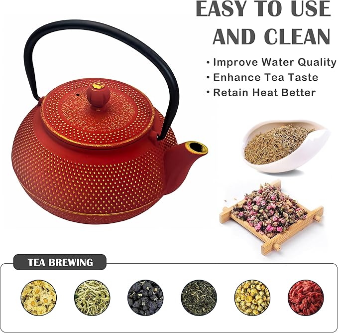 30.4oz Small Cast Iron Teapot, Tea Kettle for Stovetop Safe Coated with Enameled Interior, Red Japanese Tetsubin, Tea Pot with Stainless Steel Infuser for Loose Tea(900ml) - Bloomnest