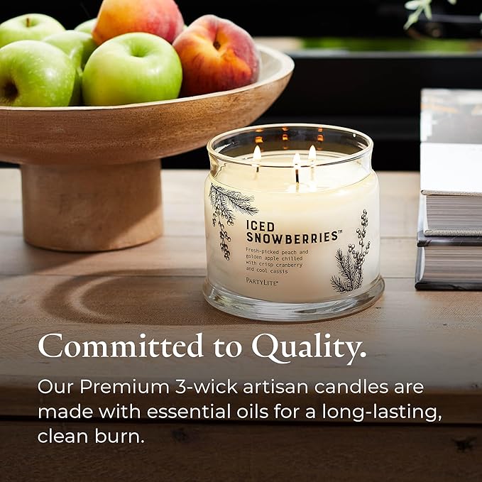 PartyLite Iced Snowberries Scented, Notes of Apple, Cassis, Cranberry, Peach, Strawberry, Berry, Vanilla & Musk,13.2oz 3-Wick Jar Candle, 45 Hour Burn Time, Luxurious Fragrance, Perfect for Gifting - Bloomnest