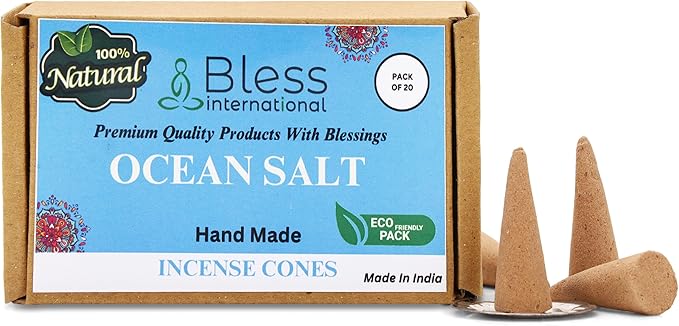 Bless International Ocean-Salt 100%-Natural-Incense-Cones Handmade-Hand-Dipped Organic-Chemicals-Free for-Purification-Relaxation-Positivity-Yoga-Meditation The-Best-scents (20 Count) BlessInternational