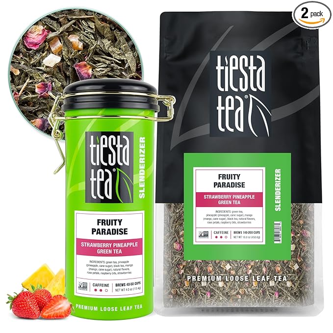 Tiesta Tea - Fruity Paradise, Loose Leaf, Strawberry Pineapple Green Tea, Premium Blend, Medium Caffeinated Green, Make Hot or Iced, Up to 250 Cups, 16oz Bulk Pouch & 4oz Refillable Tin Combo - Bloomnest