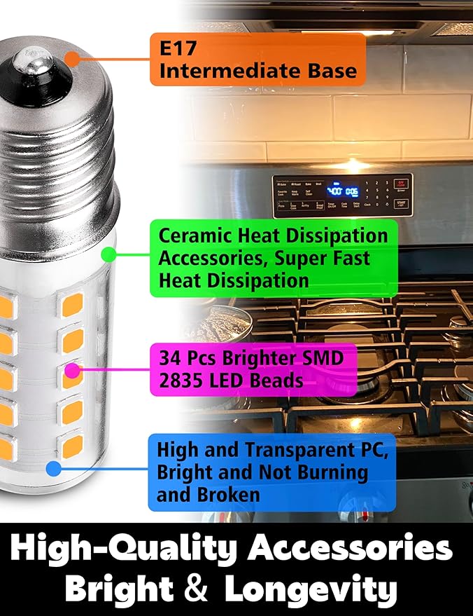 Microwave Oven Stove Bulb, E17 LED Dimmable Under Hood Microwave Bulb 40W Equivalent, 8206232A T7 E17 Intermediate Base 3000K for 4W Appliance Refrigerator Range Hood Light 4Pack - Bloomnest