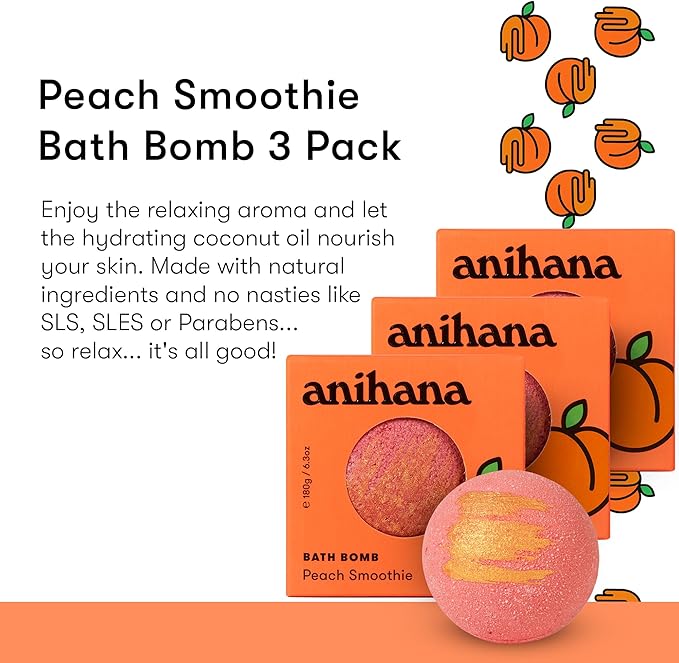 ANIHANA Bath Bombs with Coconut Oil, Paraben Free, Hand-Crafted Luxury Fizzers, Refreshing Peach Smoothie Scent, 6.3 oz Each, 3 Pack - Bloomnest
