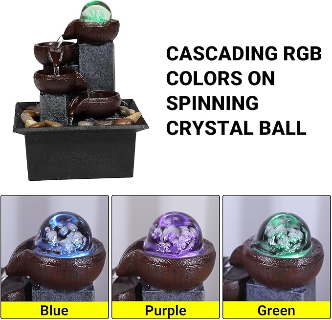 Water Fountains Indoor-Waterfall-Tabletop Fountain-Desk Fountain with Rainbow Colors LED Lighting from Spinning Crystal Ball-Relaxing Waterfall n River Rocks for Natural Feng Shui Effect - Bloomnest
