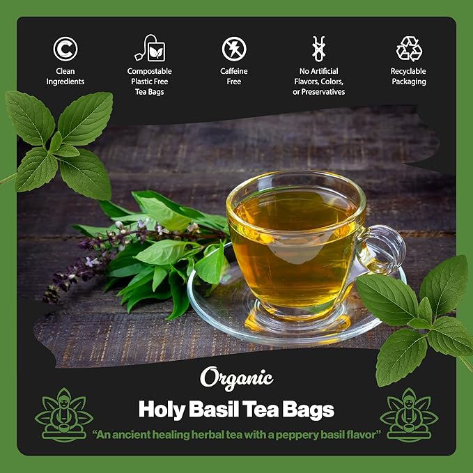 Buddha Teas - Organic Holy Basil Tea Bags - For Health & Wellbeing - Ayurvedic Tulsi - With Antioxidants - Clean Ingredients - Caffeine Free - OU Kosher & Non-GMO - 100 Non-String Tea Bags (Pack of 1) - Bloomnest